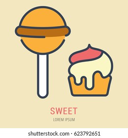Logo or label sweet. Line style logotype. Easy to use sweet template. Vector abstract sign or emblem.
