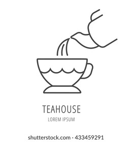 logo or label teahouse. Line style logotype template with elements for tea. Easy to use business template. Vector abstract logo or emblem.