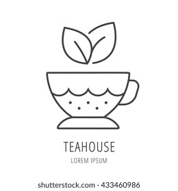 logo or label teahouse. Line style logotype template with teacup. Easy to use business template. Vector abstract logo or emblem.