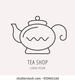 logo or label teashop. Line style logotype template with teapot. Easy to use business template. Vector abstract logo or emblem.