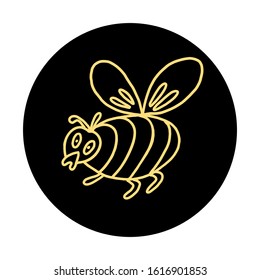 Logo or label template with a cute yellow bee in doodle style on a black circle. Vector hand drawn illustration.