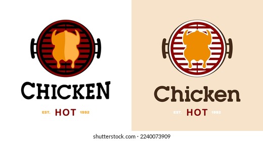 Logo and label template. Fried chicken on a hot grill. Barbecue concept, grilled food or icon for restaurant 