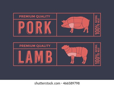 Logo for labelling of meat. Picture Animals Used for Food From the Meat Industry. Set include: Pig and Lamb.