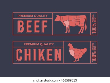 Logo for labelling of meat. Picture Animals Used for Food From the Meat Industry. Set include: Chicken and Cow.