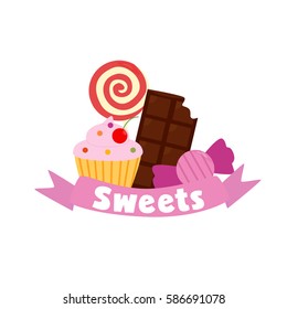 Logo, labels and logo for the confectionery with the image of sweets, cupcakes, chocolate, Lollipop, candy and ribbon banner. Vector images in cartoon style