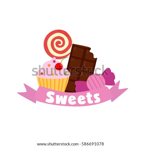 Logo, labels and logo for the confectionery with the image of sweets, cupcakes, chocolate, Lollipop, candy and ribbon banner. Vector images in cartoon style