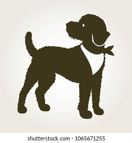 A logo of a labradoodle dog wearing a scarf 
