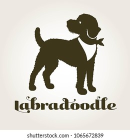 A logo of a labradoodle dog wearing a scarf