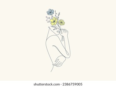 Logo Lady Flower Continous Line Art, Vogue Boho Minimalist Feminime Logo. Editable File