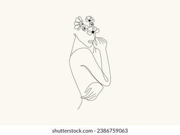 Logo Lady Flower Continous Line Art, Vogue Boho Minimalist Feminime Logo. Bearbeitbare Datei