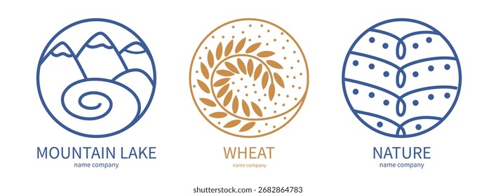 logo landscape with mountains and sun in circle. mountains for a travel, health and hike. Linear icon of grains of wheat or  grain crops.  