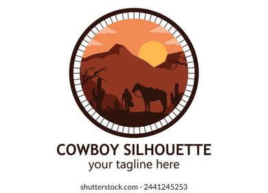 logo landscape silhouette of cowboy riding at horse template simple concept vintage design
