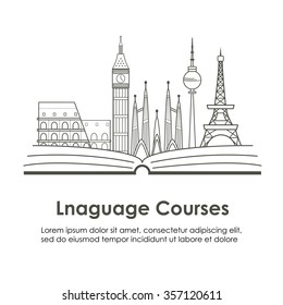 Logo for language courses or school with European landmarks. Made in vector line style. 