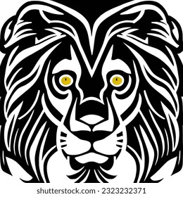 logo of a large male lion in black and white, sharp yellow eyes, wide ears, long hair, a symbol of authority, leadership and strength