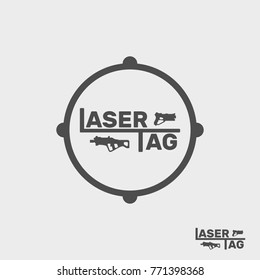 Logo for laser tag, emblem, flat design, vector illustration, text with rifle and pistol for game, inside target, black, gray, white