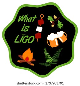 Logo of Latvian national event with traditional symbols and text in Latvian: "Ligo fest". Summer solstice day - Ligo,
 celebrates every summer 23-24 June. 