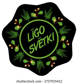 Logo of Latvian national event with traditional symbols and text in Latvian: "Ligo fest". Summer solstice day - Ligo,
 celebrates every summer 23-24 June. 