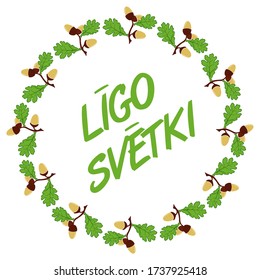 Logo of Latvian national event with traditional symbols and text in Latvian: "Ligo fest". Summer solstice day - Ligo,
 celebrates every summer 23-24 June. 