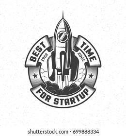 Logo With A Launching Spaceship And A Circular Banner In Retro Style. Vector Illustration.