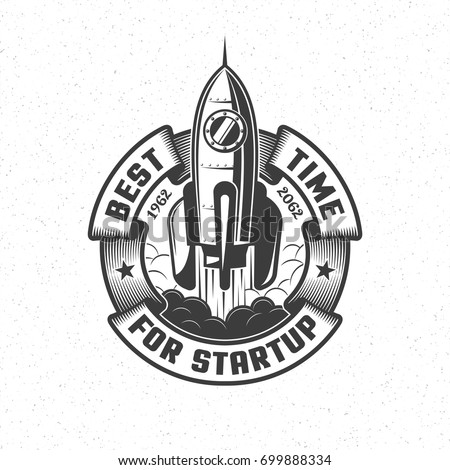 Logo with a launching spaceship and a circular banner in retro style. Vector illustration.