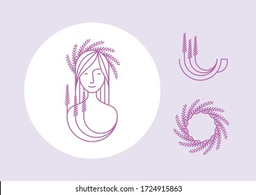 Logo for lavender product, tea, cosmetics, aroma. Woman with floral head wreath in editable vector line.