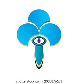 logo or leaf concept symbol from game card, club card with modified circle shape and eye icon in the middle, in light blue 3d shape and model