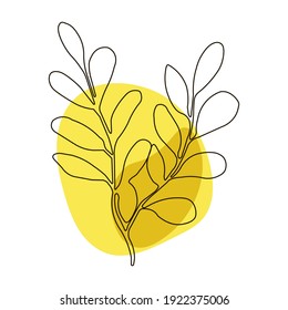 Hoja con logo de una planta en un amarillo. Dibujo gráfico de follaje con forma abstracta. Ilustración vectorial.