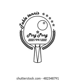 Logo League Table Tennis. The modern style of  thin lines. Badge Ping pong racket with a wreath of leaves and the inscription.