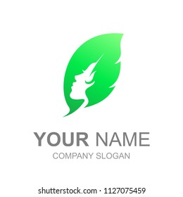 logo leaves with beautiful faces of women inside, face and leaf logo template