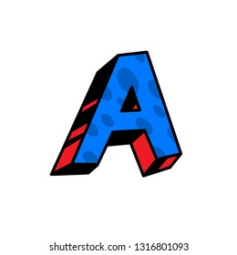 Logo, letter A. Vector. Linear, outline icon. Volumetric mark, 3D. Color capital letter. Illustration with pattern. Symbol on white background. Cartoon style. The image of the circus.