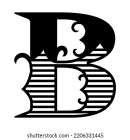 Logo letter B. Capital letter with swirls and carved shading inside. Masculine or feminine monogram. Emblem, symbol of a name or surname. Capital carved letter b for stamp, printing of initials. 