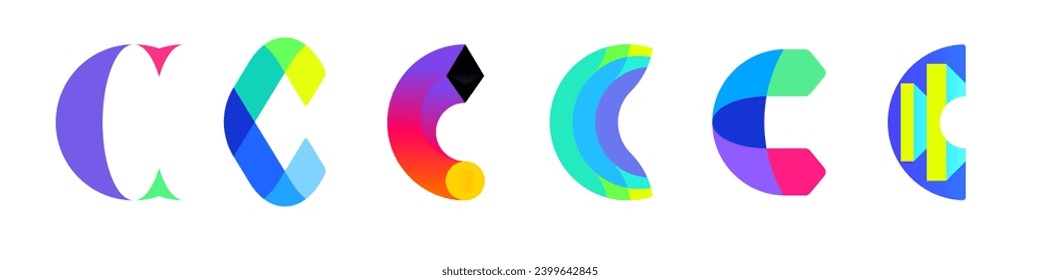 Letra C del logotipo para la criptodivisa y la industria de la cadena de bloqueo. Conjunto de emblemas o iconos vectoriales abstractos modernos