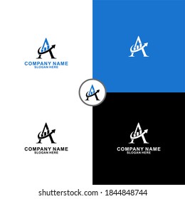 logo letter a for company, team, individual with up arrow symbolizing business growth, financial blue and black with a modern layout