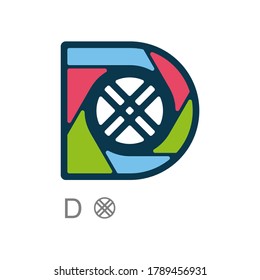 The logo of the letter "D" in the composition with the element of the yurt. Lens petals. Vector.