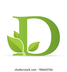Logo with letter D of green color decorated with green leaves - Vector image