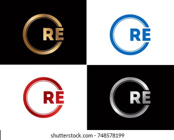 RE Logo. Letter Design Vector with Red and Black Gold Silver Colors
