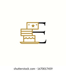 Logo-Buchstabe e mit Icon-Kuchen-Vektorillustration-Design