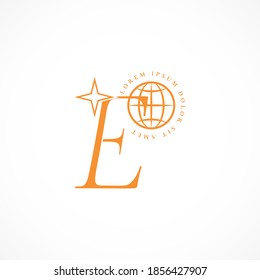 Logo of letter E with icon of planet, star. Vector illustration. Template of logo, sign, tag, label of business card of education project, international club. Space concept. Online training, meeting.