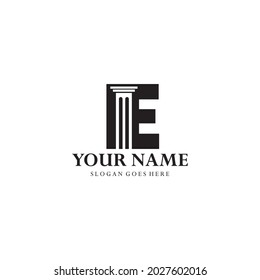 logo letter E and pillars. Abstract combination of pillars in letter E negative space concept. Suitable for legal businesses, lawyers, law offices, legal consultants and others