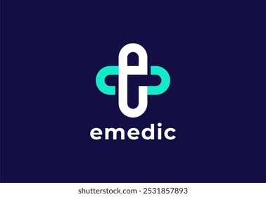 Logo letter E with symbol medical plus, Creative template for hospital and healthcare.