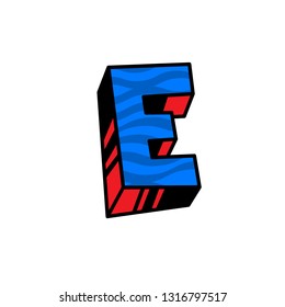 Logo, letter E. Vector. Linear, outline icon. Volumetric mark, 3D. Color capital letter. Illustration with pattern. Symbol on white background. Cartoon style. The image of the circus.