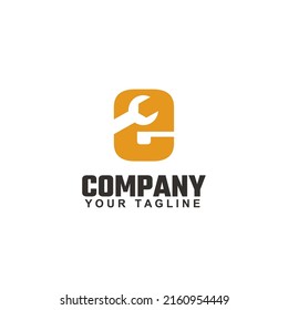 Logo of Letter e and Wrench  isolated on white background. Vector illustration flat design. Spanner pictogram. Handle industrial tool for repair. Symbol of heavy mechanical work, logo.