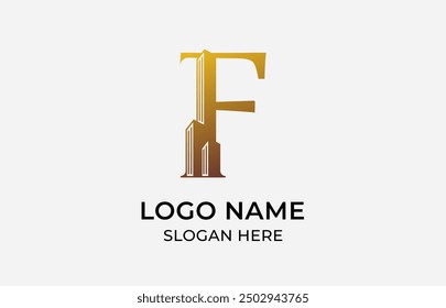 Logo Letter F and Skyscraper Building with Gold luxury color. real estate, architecture, building, apartment. Editable file