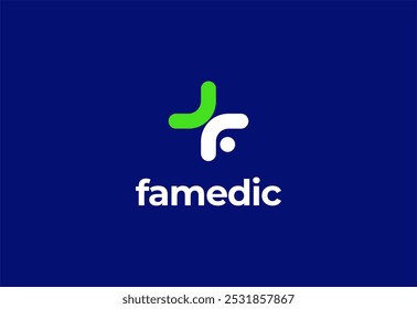 Letra de logotipo F com símbolo médico plus, Modelo criativo para hospital e saúde.