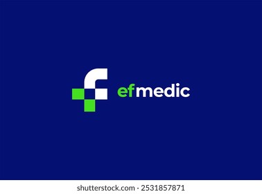 Logo-Buchstabe F mit dem Symbol Medical Plus, Creative Template für Krankenhaus und Gesundheitswesen.