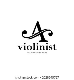 letra del logotipo A y F-hole. iniciales del logo violinista A. letra A logo personaje violín. letra A con agujero de violín