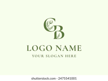 Logo letter G and B with flower branch, logo initial, lineart flower. Editable file