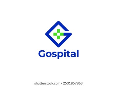 Letra de logotipo G com símbolo médico plus, Modelo criativo para hospital e saúde.