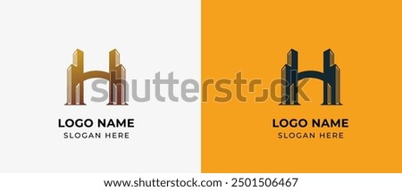 Logo Letter H and Bridge with two Skyscrapers Building in Gold luxury color. Logo real estate, architecture, building, apartment. Editable file