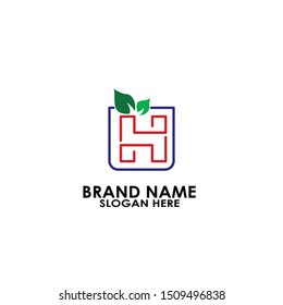 logo letter h line with leaf in box vector design